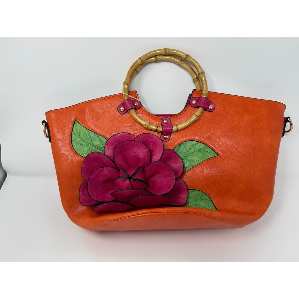 Gorgeous Empire Orange‎ Faux Leather 3D Floral Applique Bamboo Handle Purse NWT